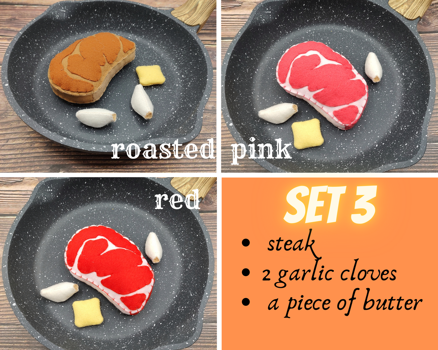 Four-panel image showing different types of Plush Steak Toy for Kids Pretend Cooking with text indicating ingredients.