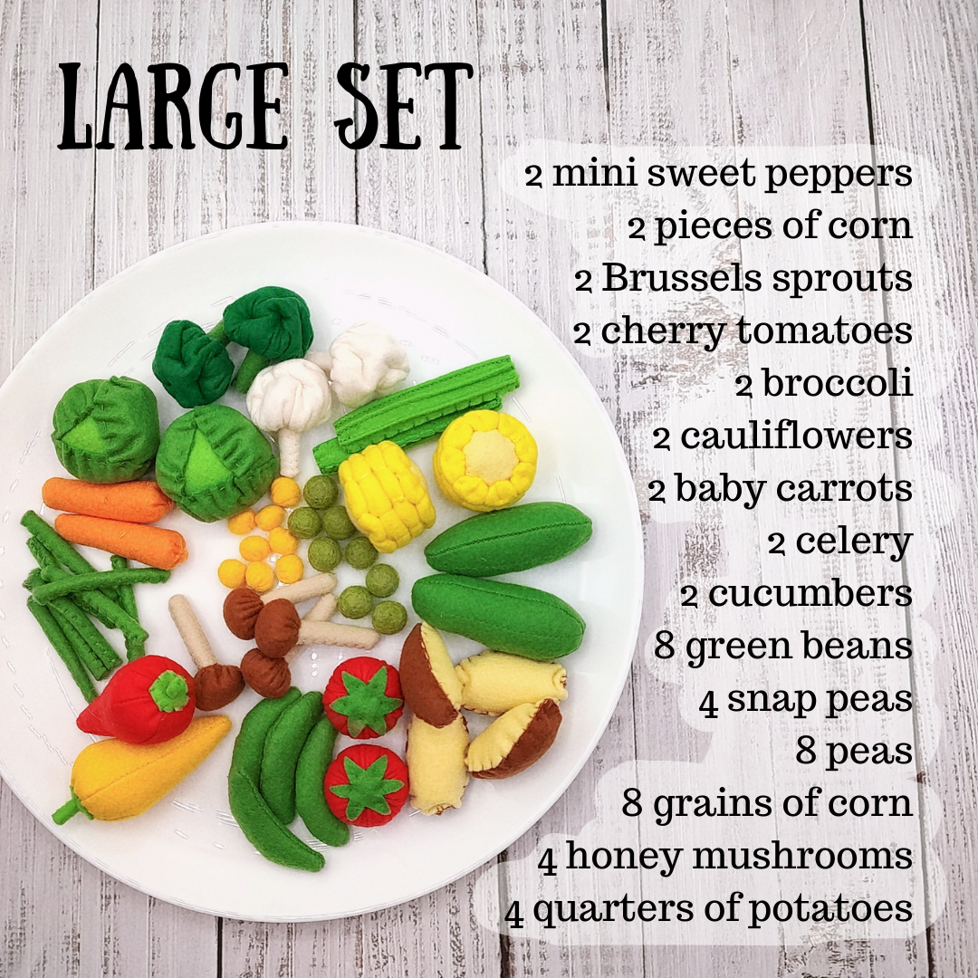 Plush vegetable set on the white pretend play plate