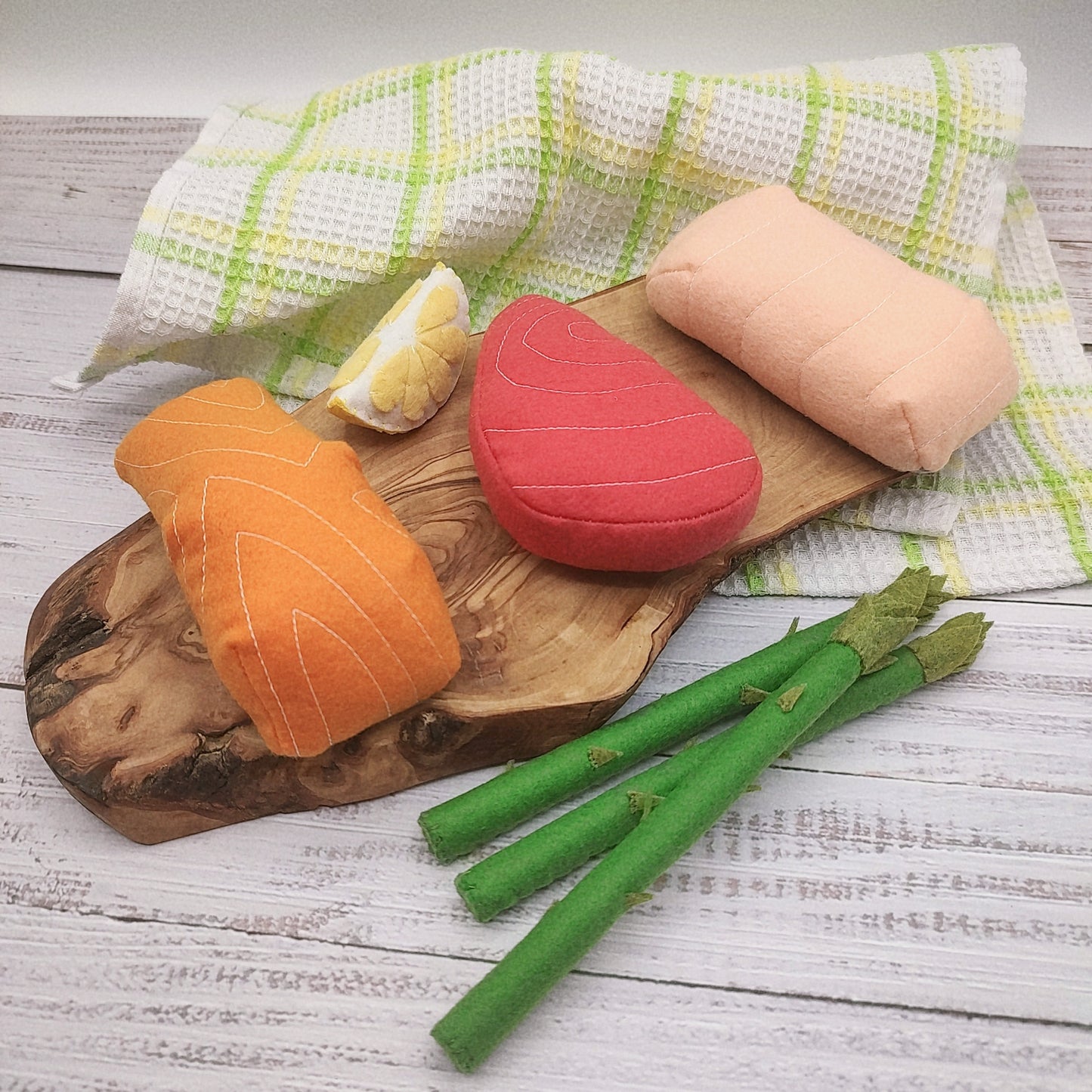 salmon fillet, tuna steak, cod fish play food (felt food, pretend play kids kitchen, plush toy)