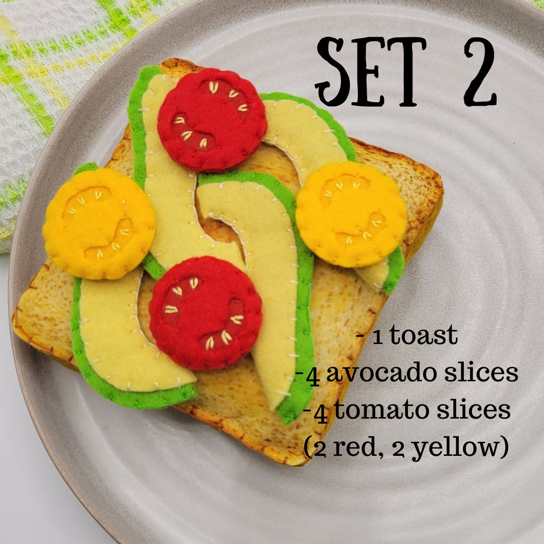 Avocado toast plush food toy with other pretend play foods