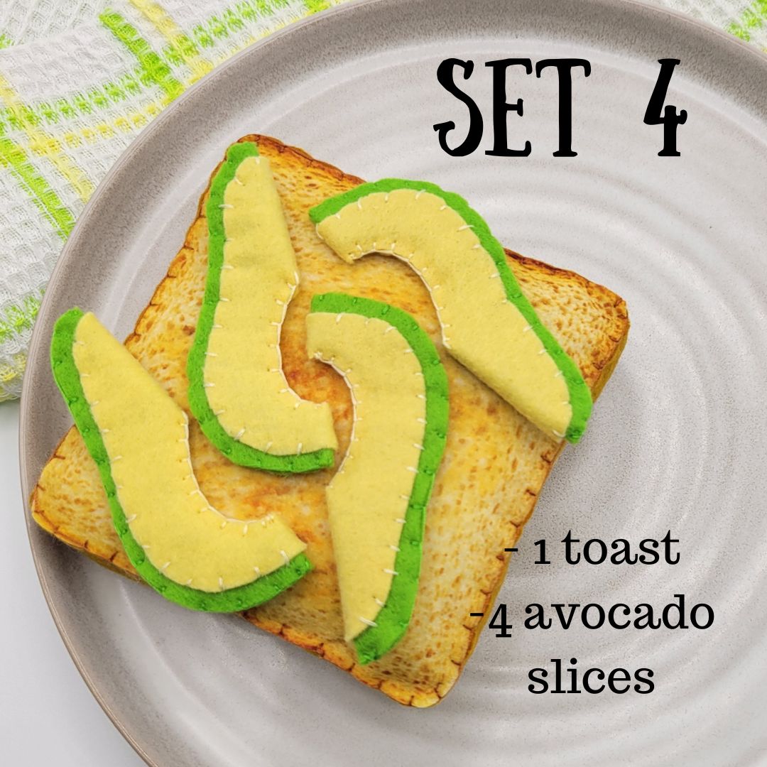 Avocado slices on toast plush food toy with text indicating ingredients on a plate.