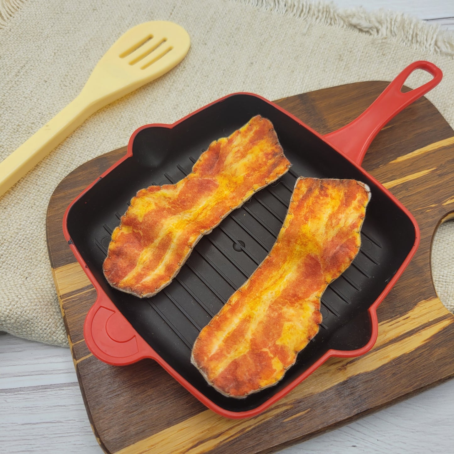 Bacon plush food toy with other breakfast play foods