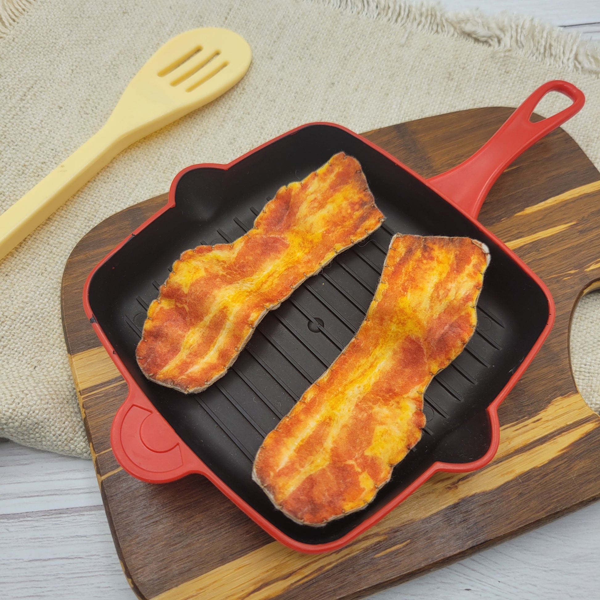 Bacon plush food toy with other breakfast play foods