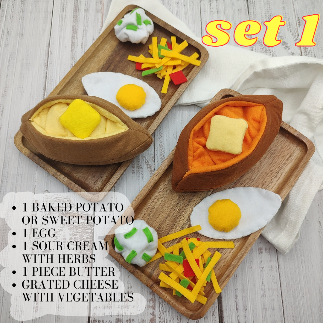 Set of toy food items including baked potato, egg, sour cream, butter, and grated cheese on a wooden tray.