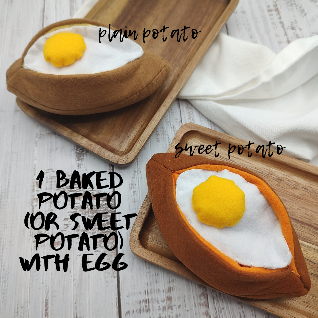 Felt baked sweet potato toy in cozy kitchen scene