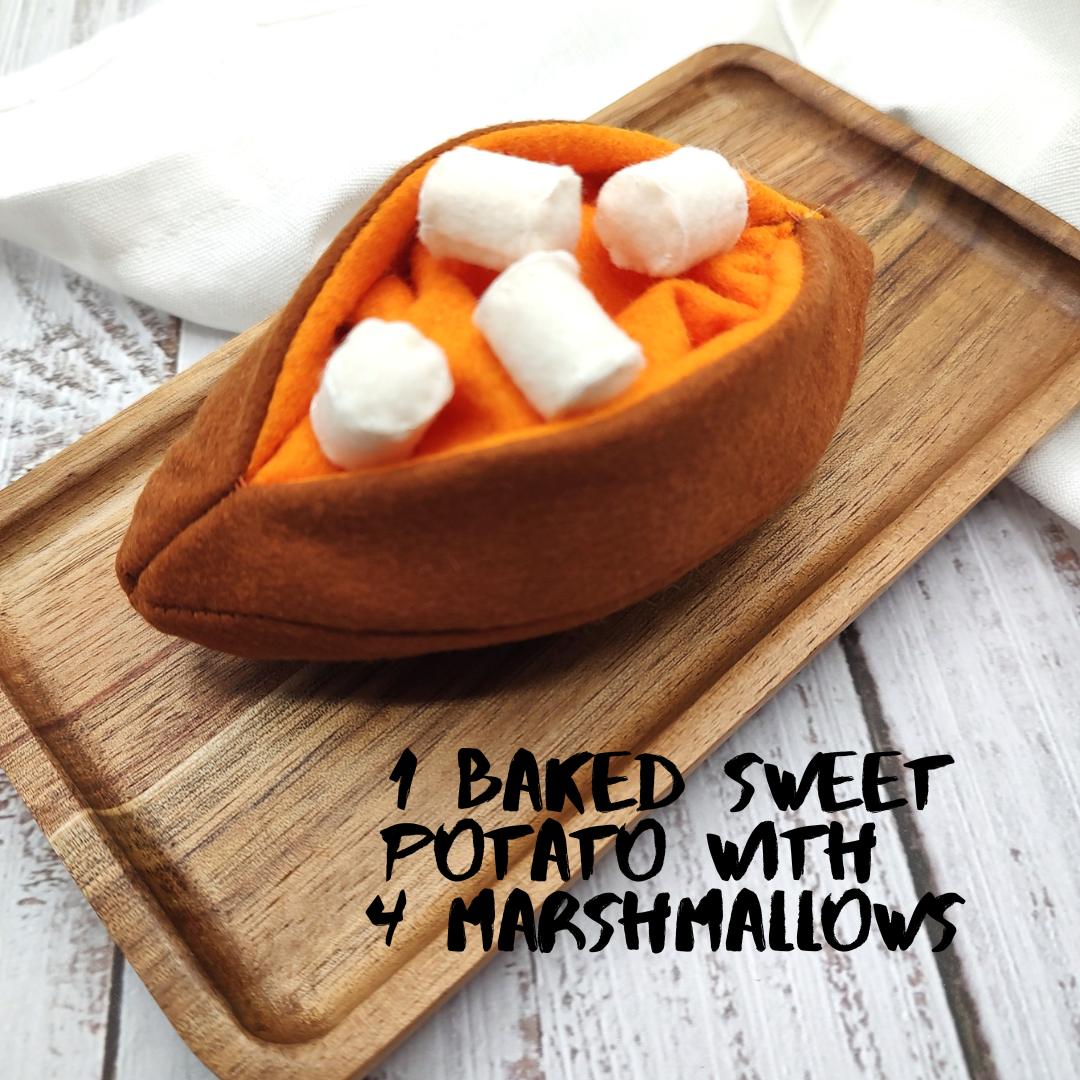 Felt baked sweet potato toy with marshmellow filling