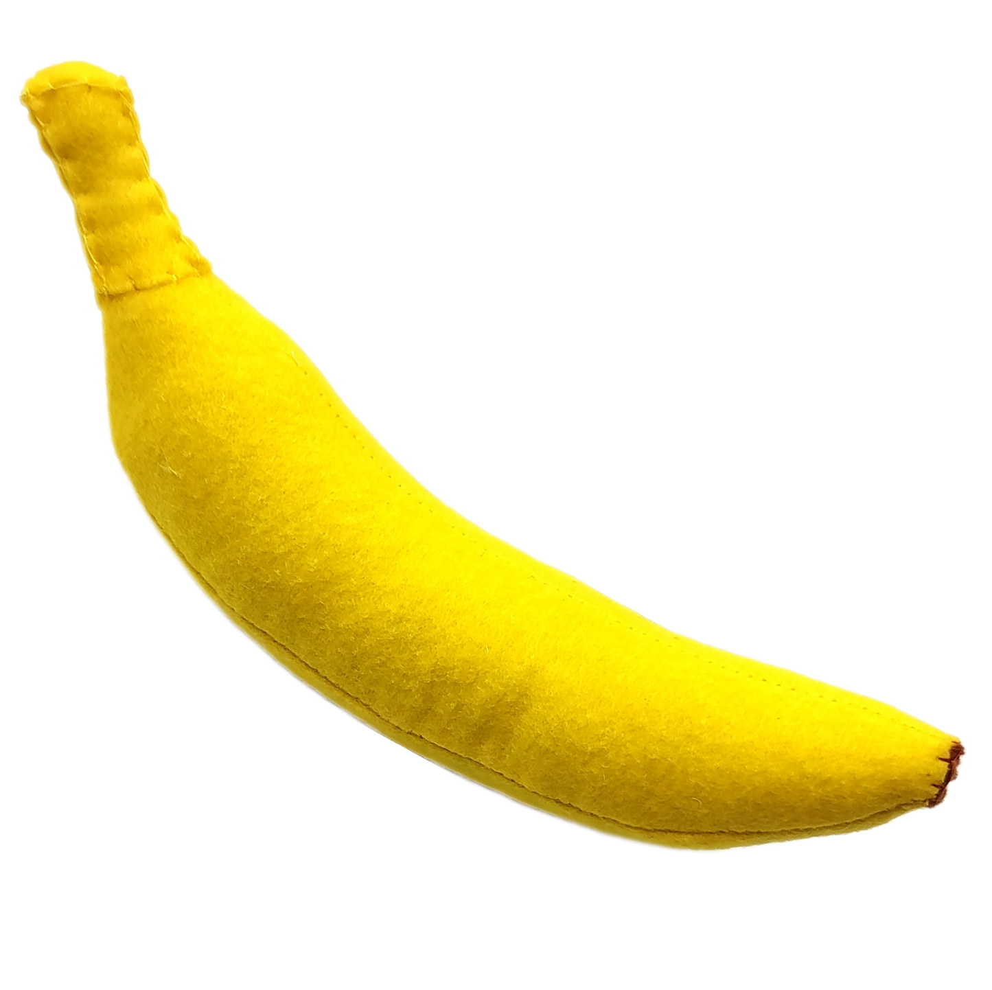 Yellow banana-shaped plush food toy on a white background