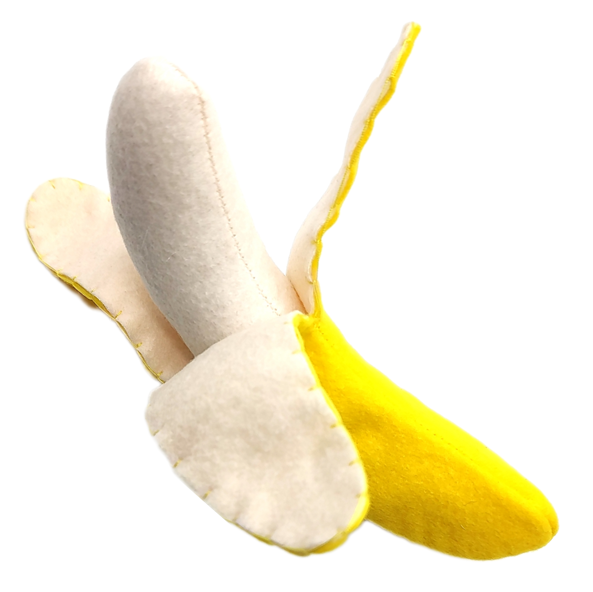 Plush food toy banana with yellow and beige colors on a white background
