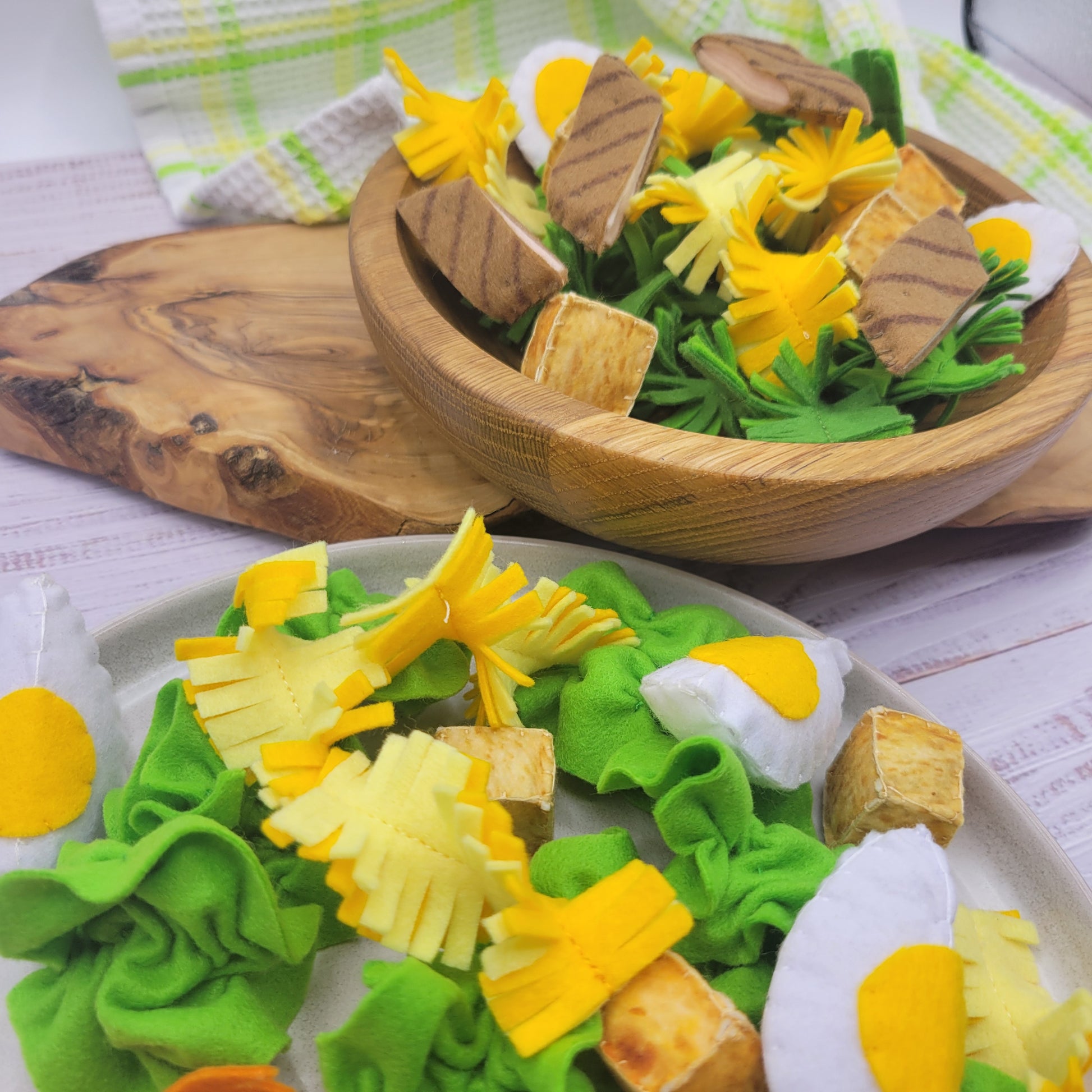 Close-up Caesar salad plush pretend food felt toy