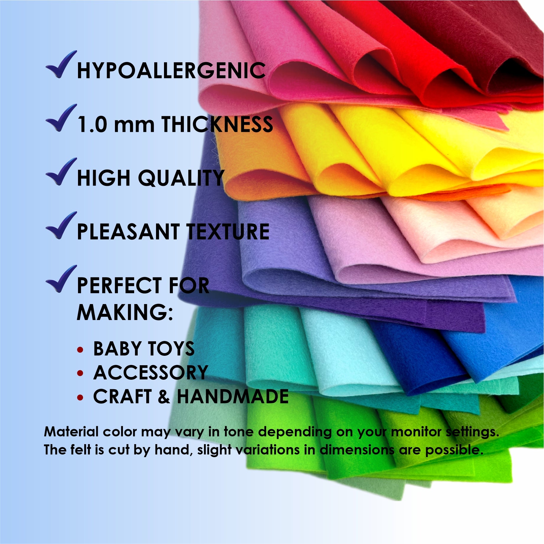Polyester soft felt sheets with text descriptions