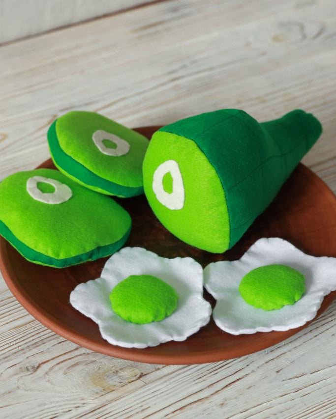Green Eggs and Ham plush toy play food on white background