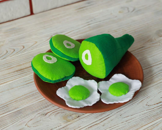 Green Eggs and Ham plush toy play food on white background