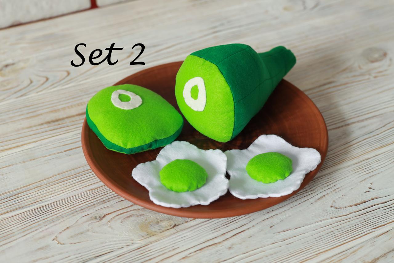 Whimsical play café setup with green eggs and ham