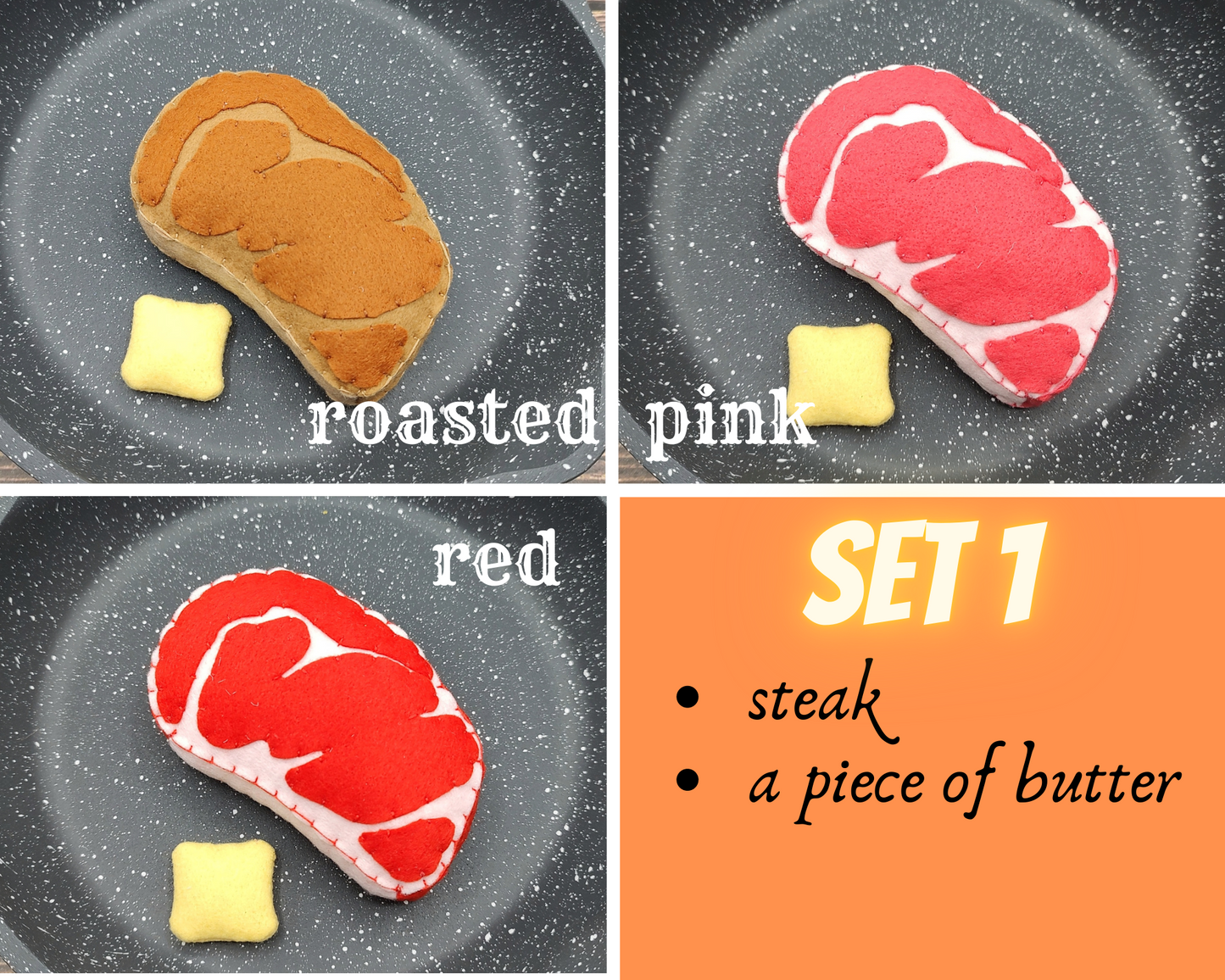 Four images showing Plush Steak Toy for Kids Pretend Cooking on a pan with text labels.