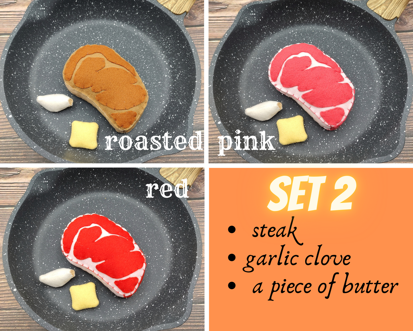 Collage of four images showing Plush Steak Toy for Kids Pretend Cooking on a pan.