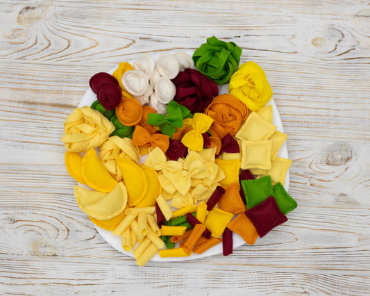 Pasta set plush toy felt play food on white background