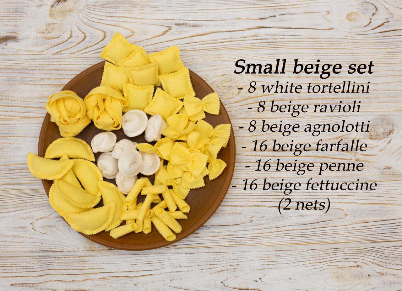 Assorted play pasta on a wooden plate with text detailing the quantity of each type.
