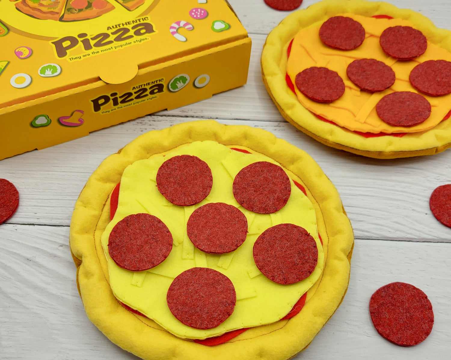 Pizza plush toy felt play food on white background