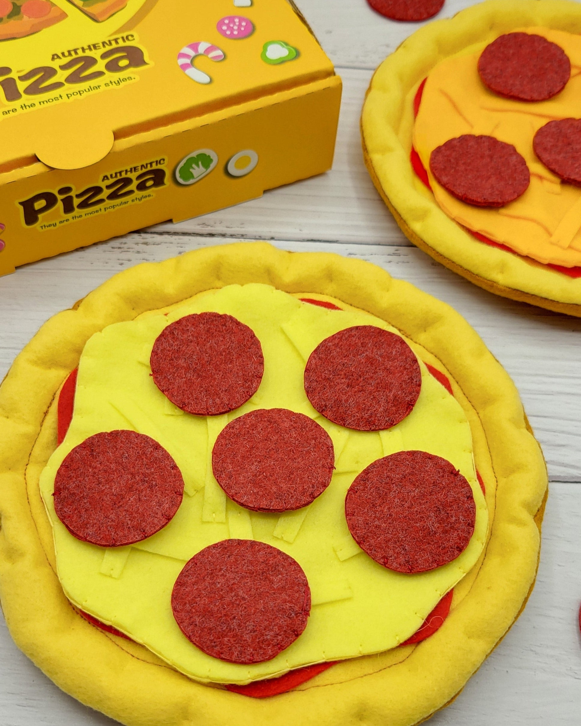 Pizza plush toy felt play food on white background