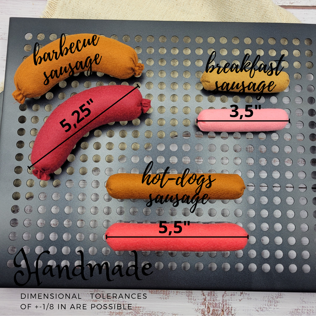 Measurement chart of different types of plush pretend play toys sausages with dimensions on a perforated mat.