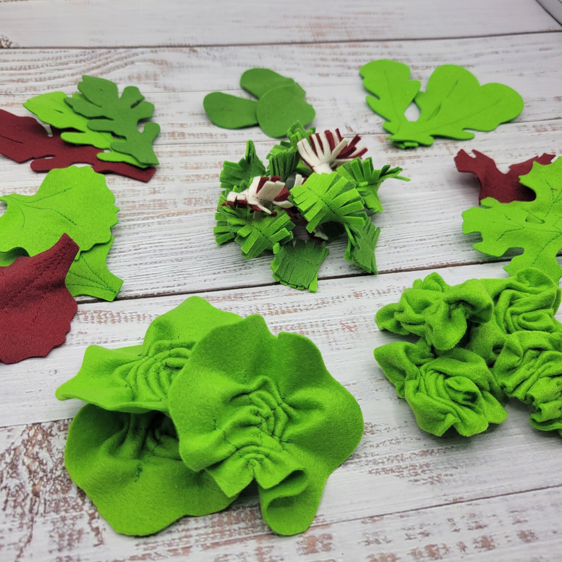 Close-up felt salad leaves plush pretend food