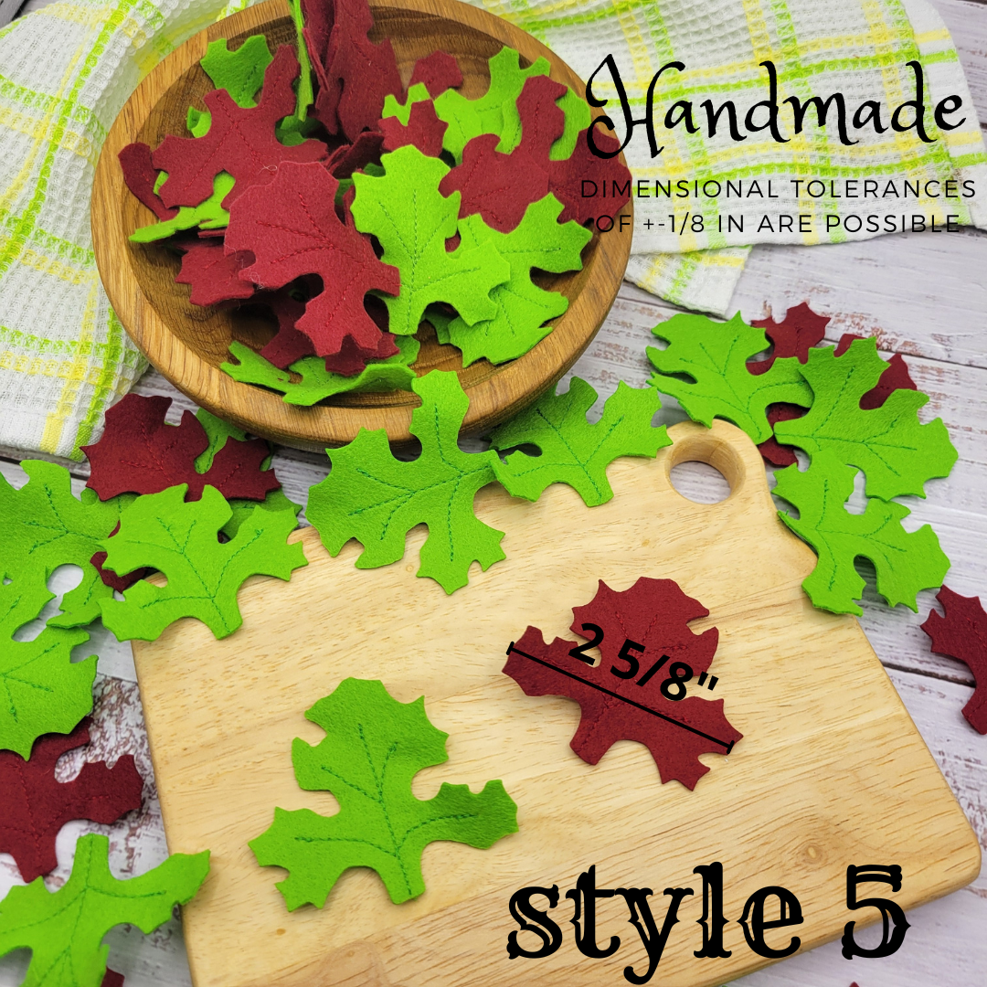 Handmade leaf salad plush food toy pieces with a wooden board displaying measurements on a white background.