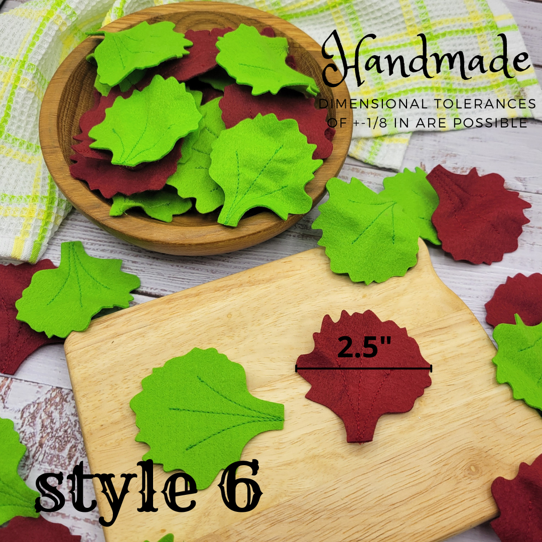 Handmade leaf salad plush food toy in green and red on a wooden board with text indicating dimensions and style.