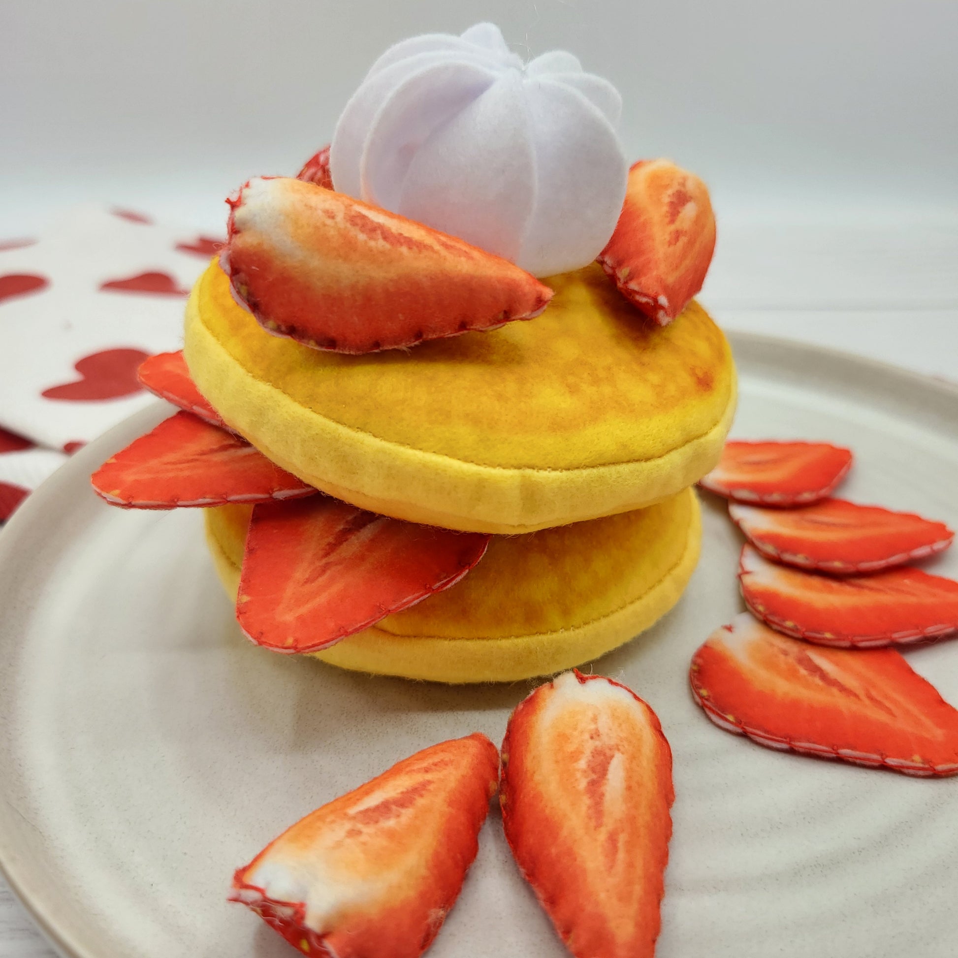 Strawberry slice plush food toy with pancakes pretend play set