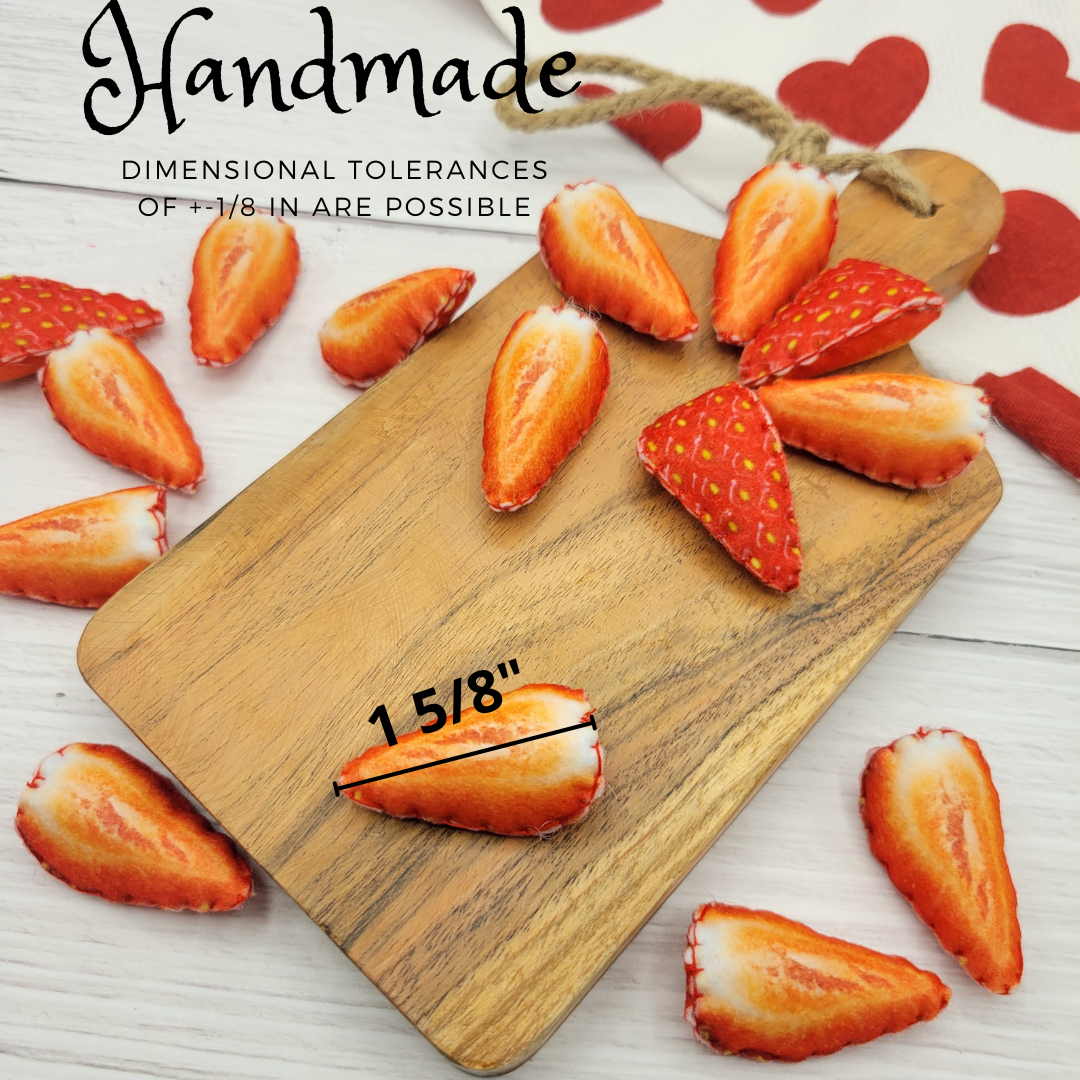 Wooden cutting board with sliced strawberries plush food toy and measurement details on a white background with red heart shapes.