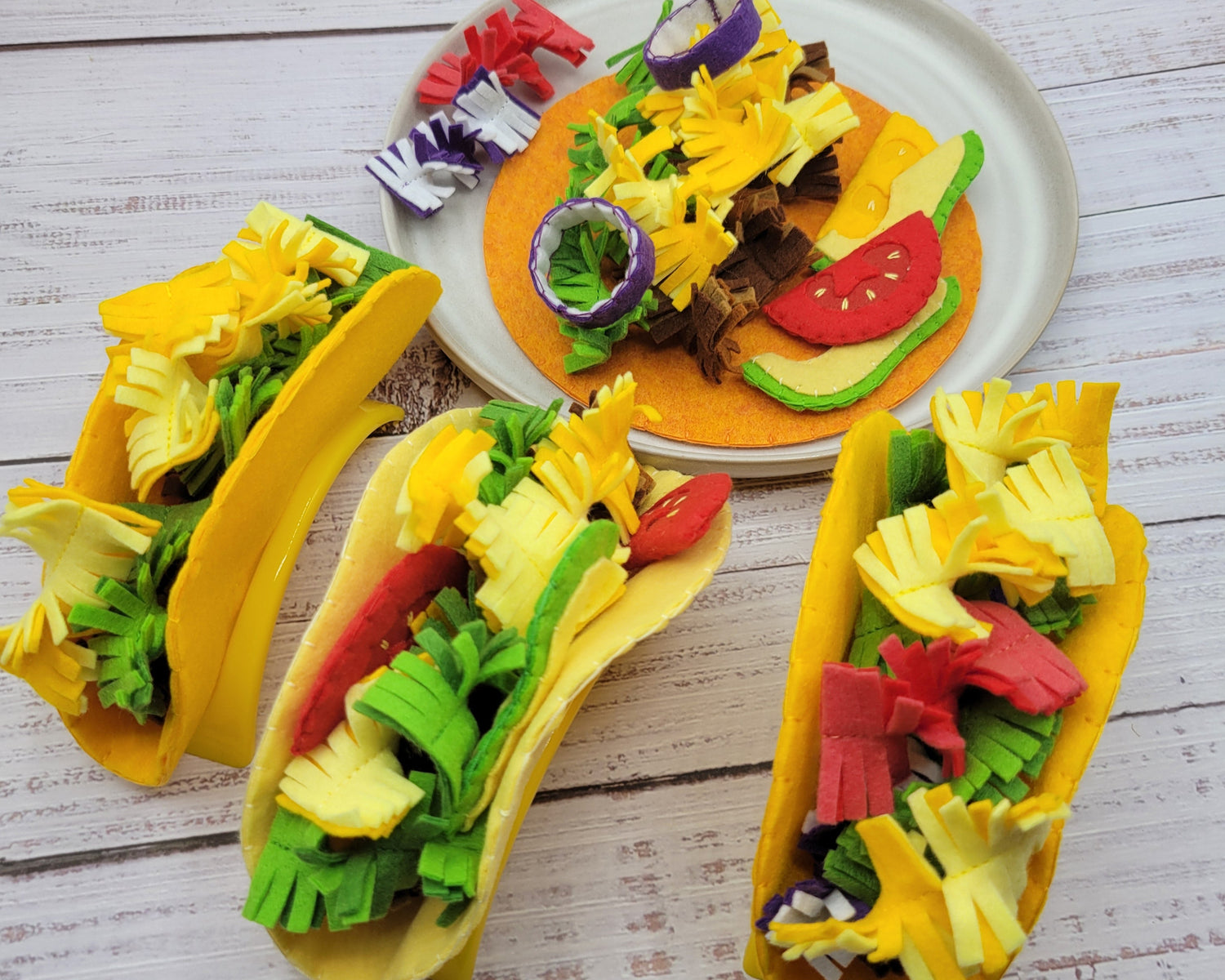 Taco plush toy felt play food on white plate