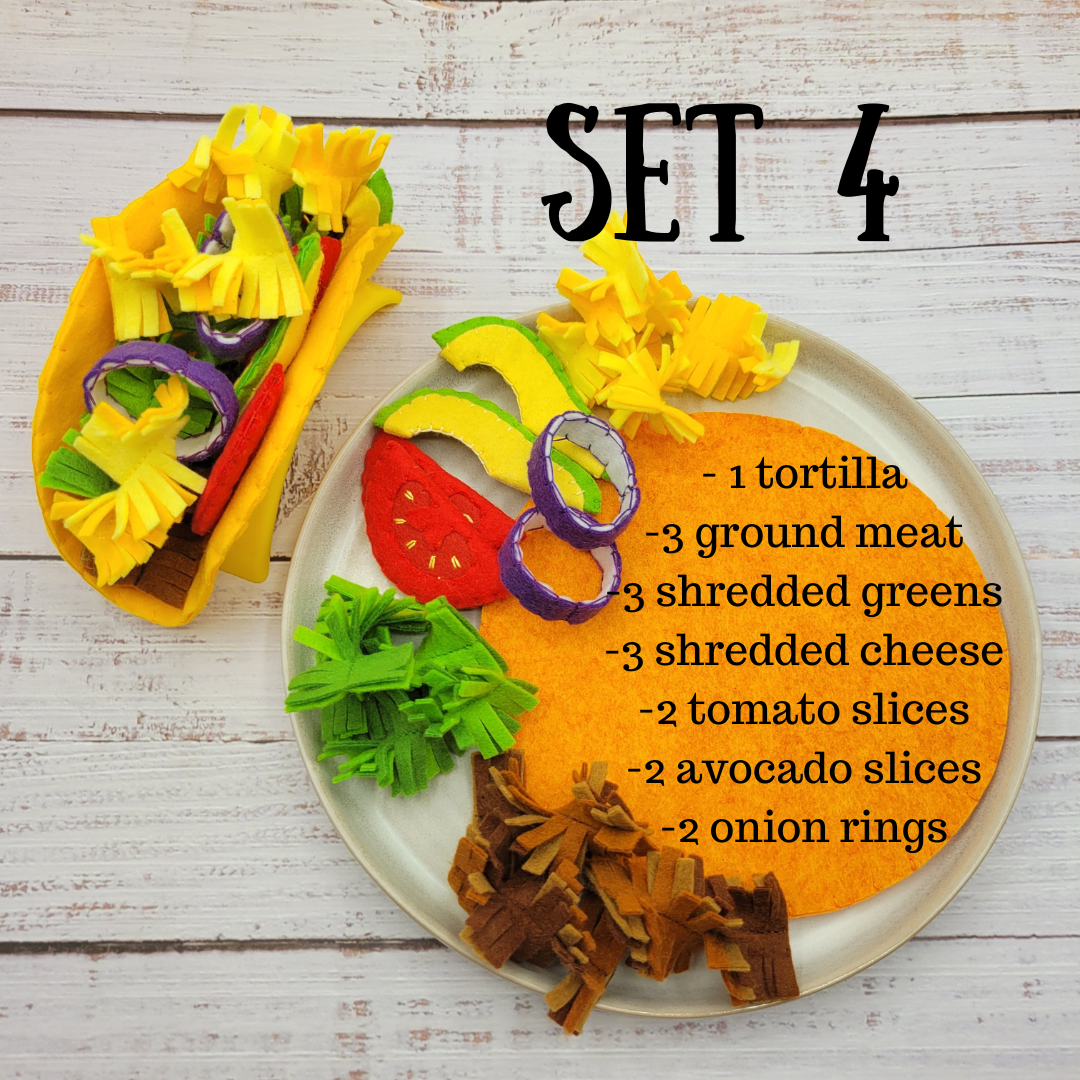 Colorful toy food set on a plate with ingredients listed, including a tortilla and various vegetables.