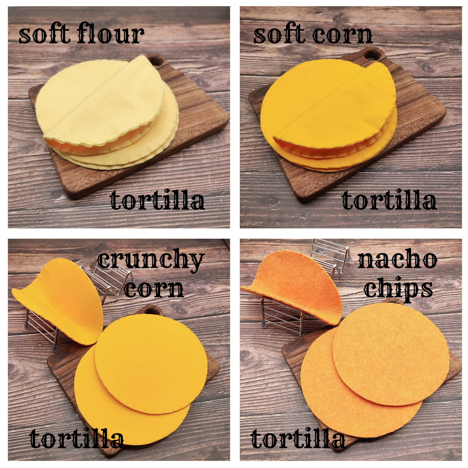 Four images showing different types of felt play tortillas and nacho chips on a wooden surface.