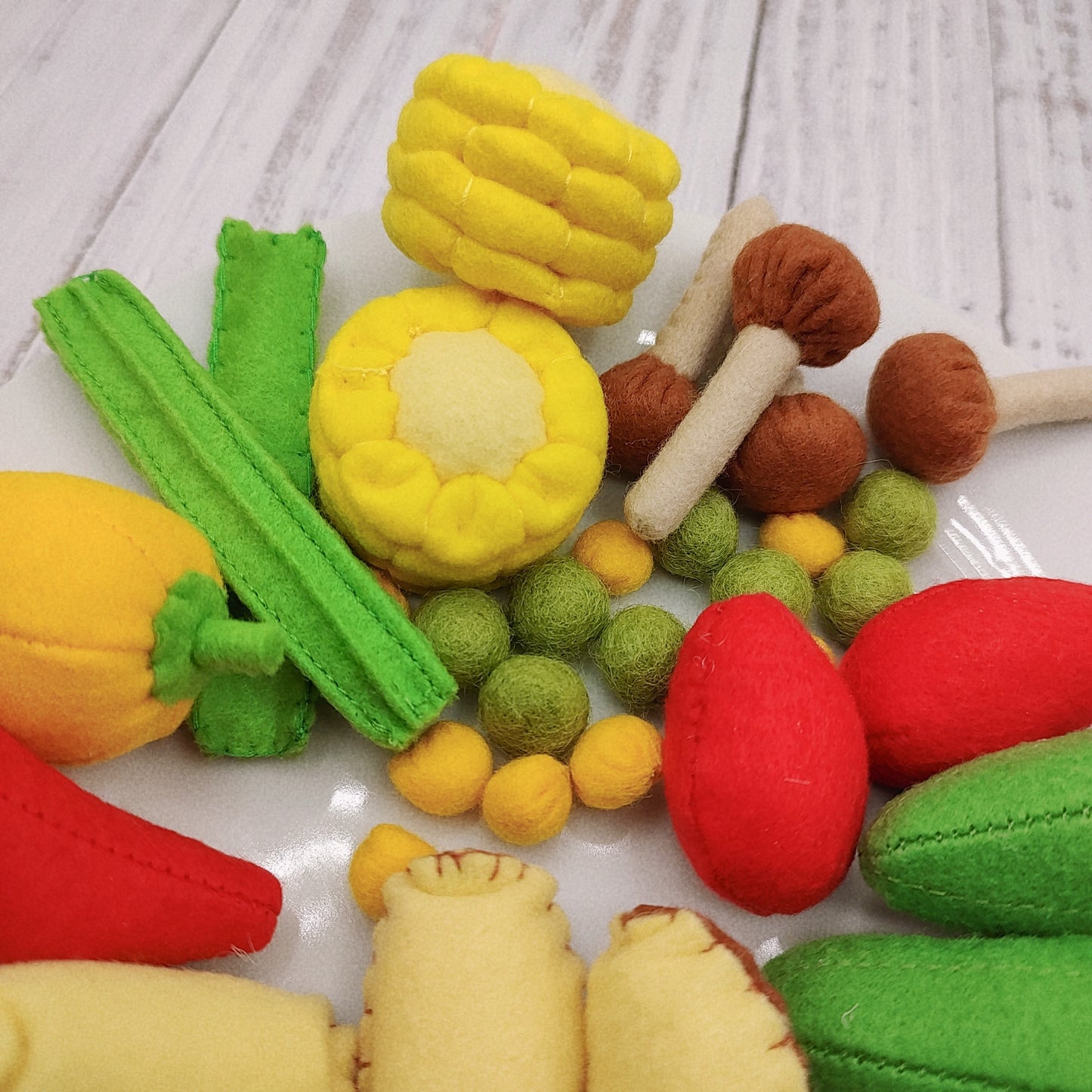 Vegetable set plush toy in play kitchen scene