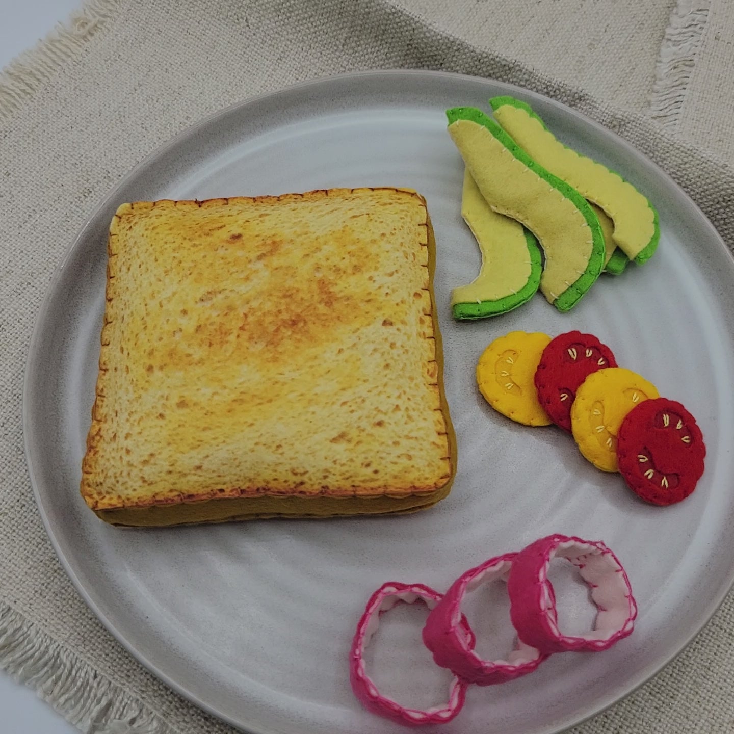 Soft avocado toast felt plush toy for kids play kitchen on video