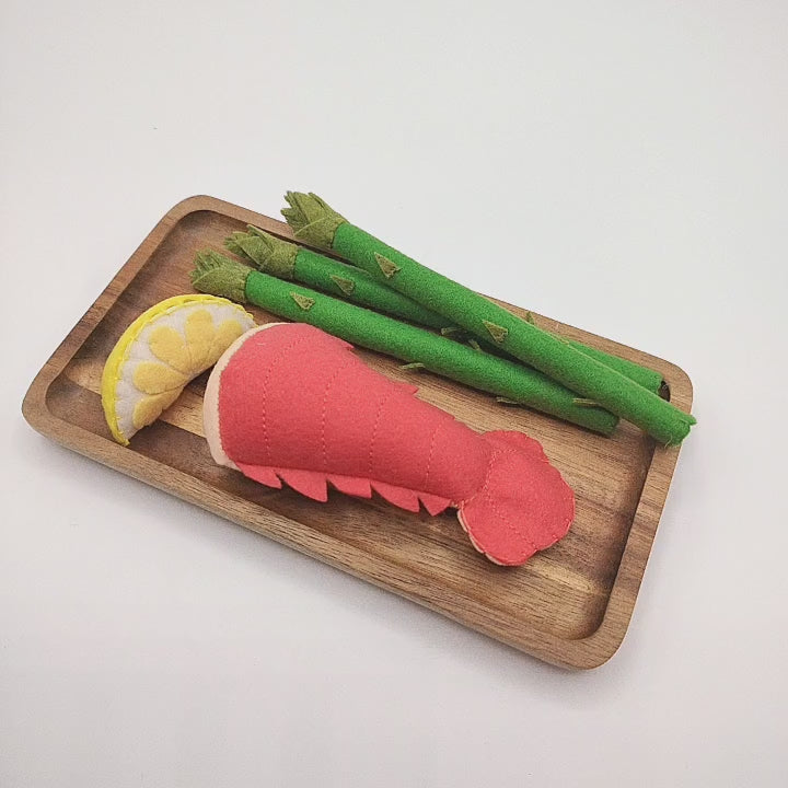 Soft lobster tail plush toy for kids play kitchen on video