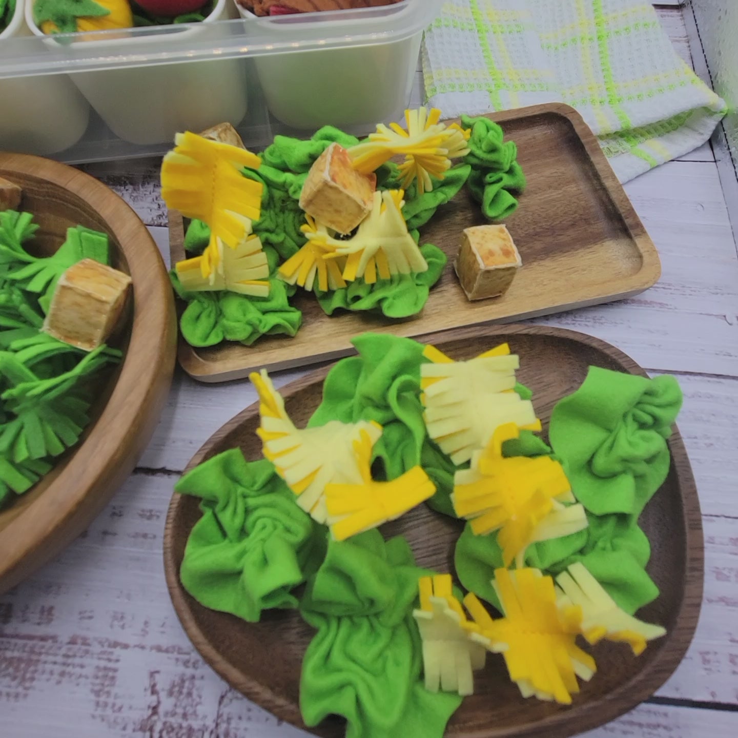 Soft Caesar salad plush toy for kids play kitchen on video