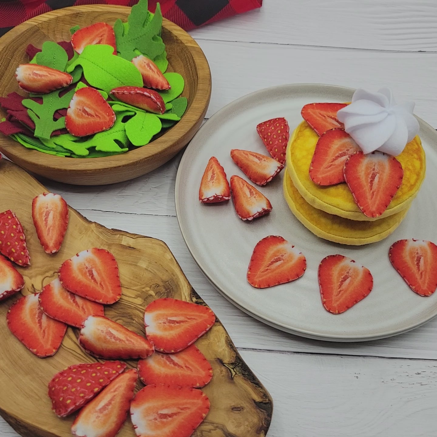 Soft felt strawberry slice plush toy for kids play kitchen on video