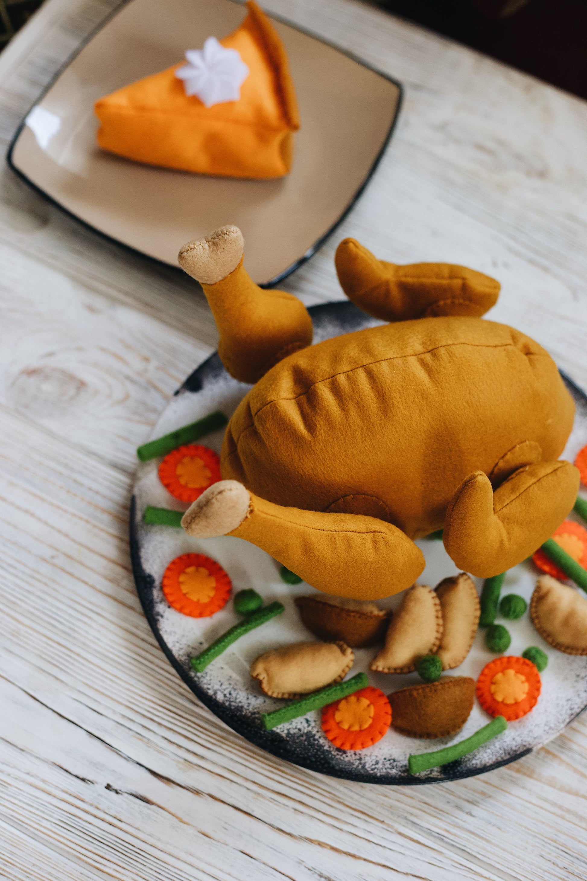 Felt pretend play plush turkey and pumpkin pie toys