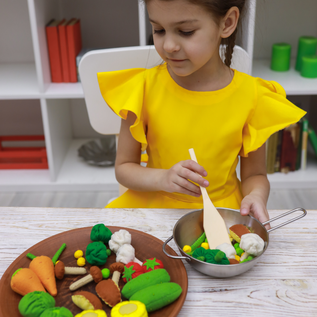 Honey mushrooms, play food, salad bar